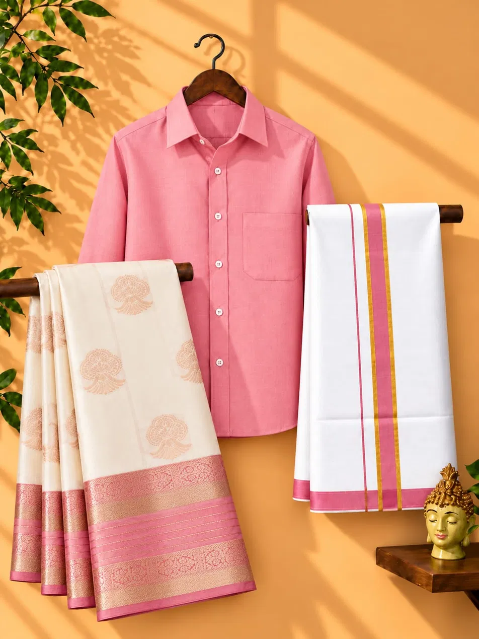 Rose Pink Cream Copper Zari Couple Combo Set